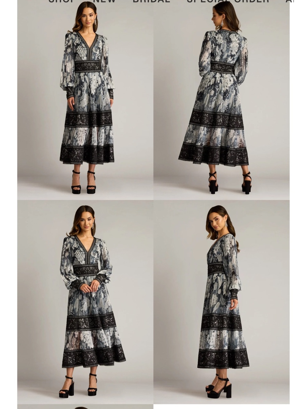 Tadashi Shoji Midi Dress Floral Lace Detail Metallic Thread Long Sleeve Cocktail
